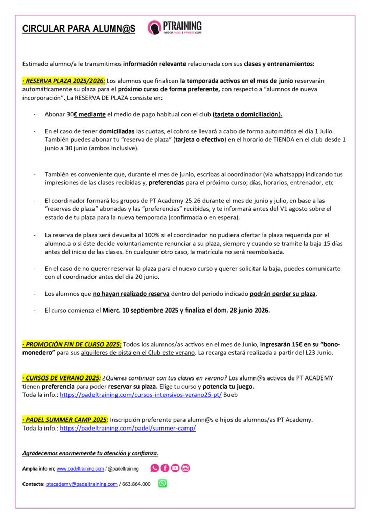 CIRCULAR ALUMNOS PT ACADEMY